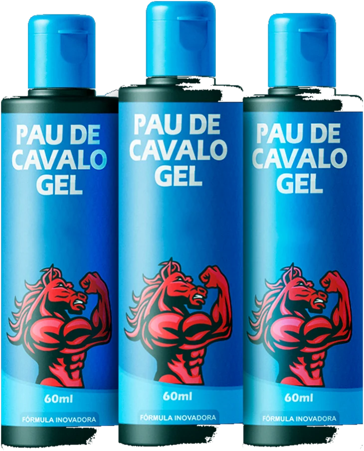 Três frascos de 60 ml do gel Pau de Cavalo, com rótulo azul e o cavalo em vermelho.